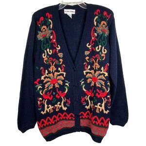 Alfred Dunner Vintage Black Wool Hand Embroidered Cardigan Sweater Button Ft S